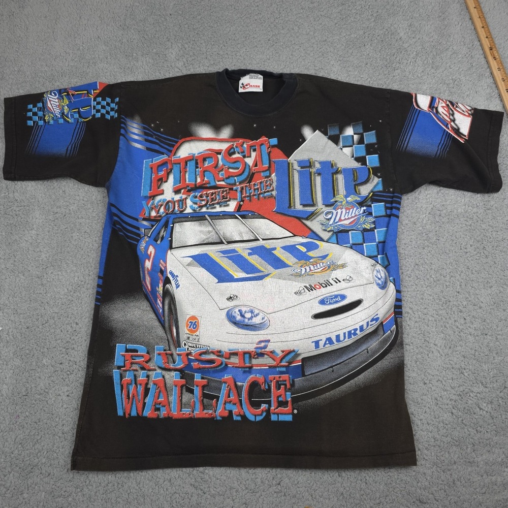 VTG 90's Rusty Wallace Miller Lite All over‎ print t-shirt NASCAR VGC Ford sz LG